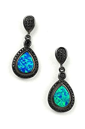 Opal taşlı oniks taş detaylı sallantılı italyan tasarımı siyah rodajlı gümüş küpe